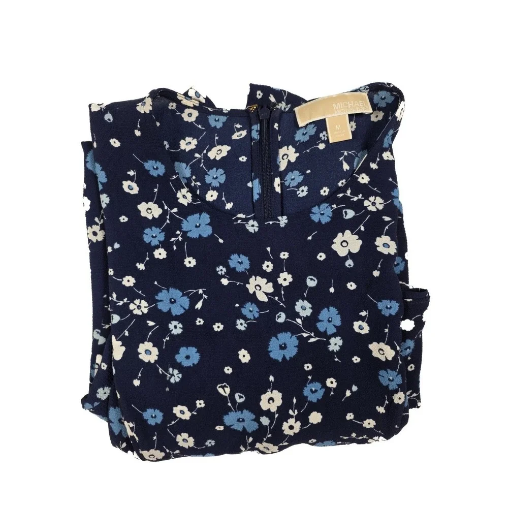Michael‎ Kors Blue White Floral Print Ruffled Sleeved Dress Women's Size Medium
